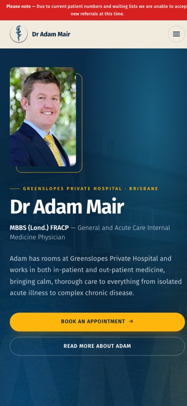 Dr Adam Mair mobile website built by Hooray Digital