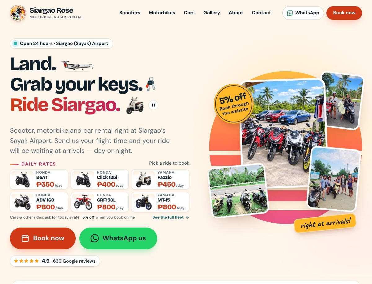 Siargao Rose Motorbike and Car Rental, Astro website built by Hooray Digital